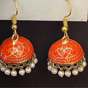 Elegant enamel finish Orange & Gold with white beads Jhumka Chandelier Earrings